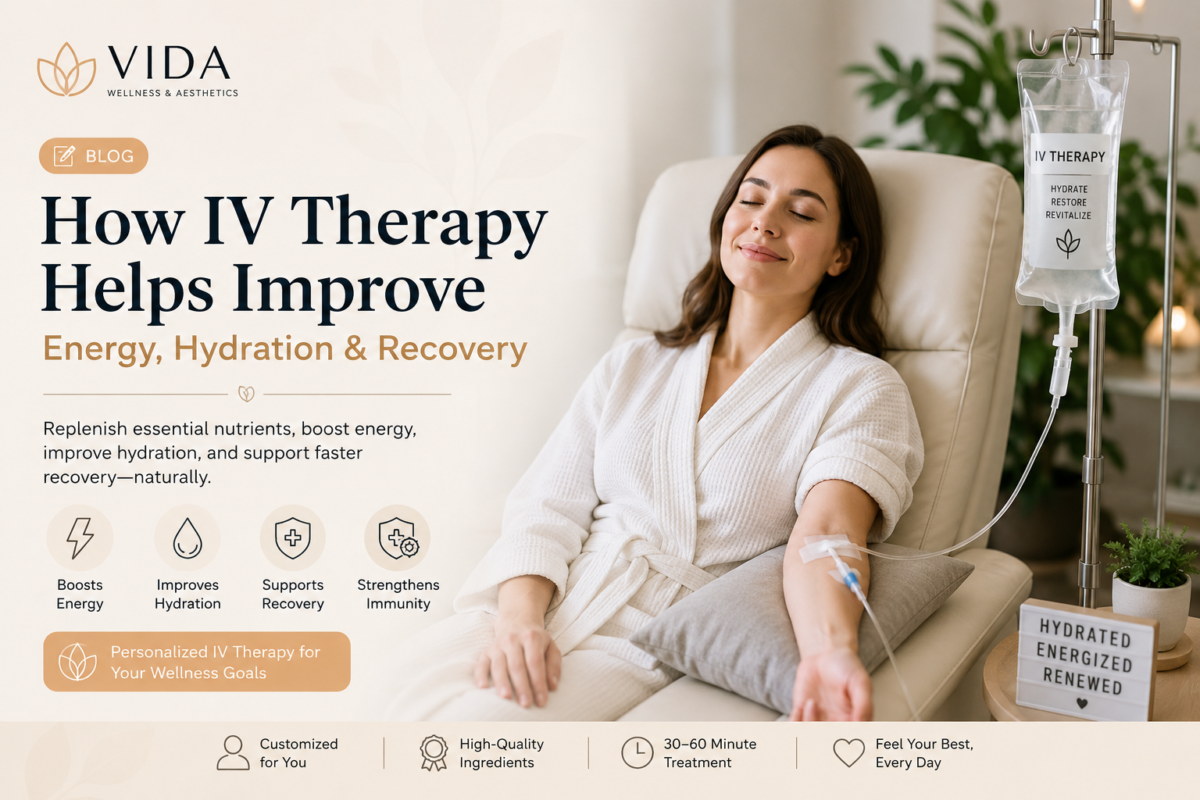 "IV therapy benefits infographic showing improved energy, hydration, recovery, and immune support at Vida Wellness Care"