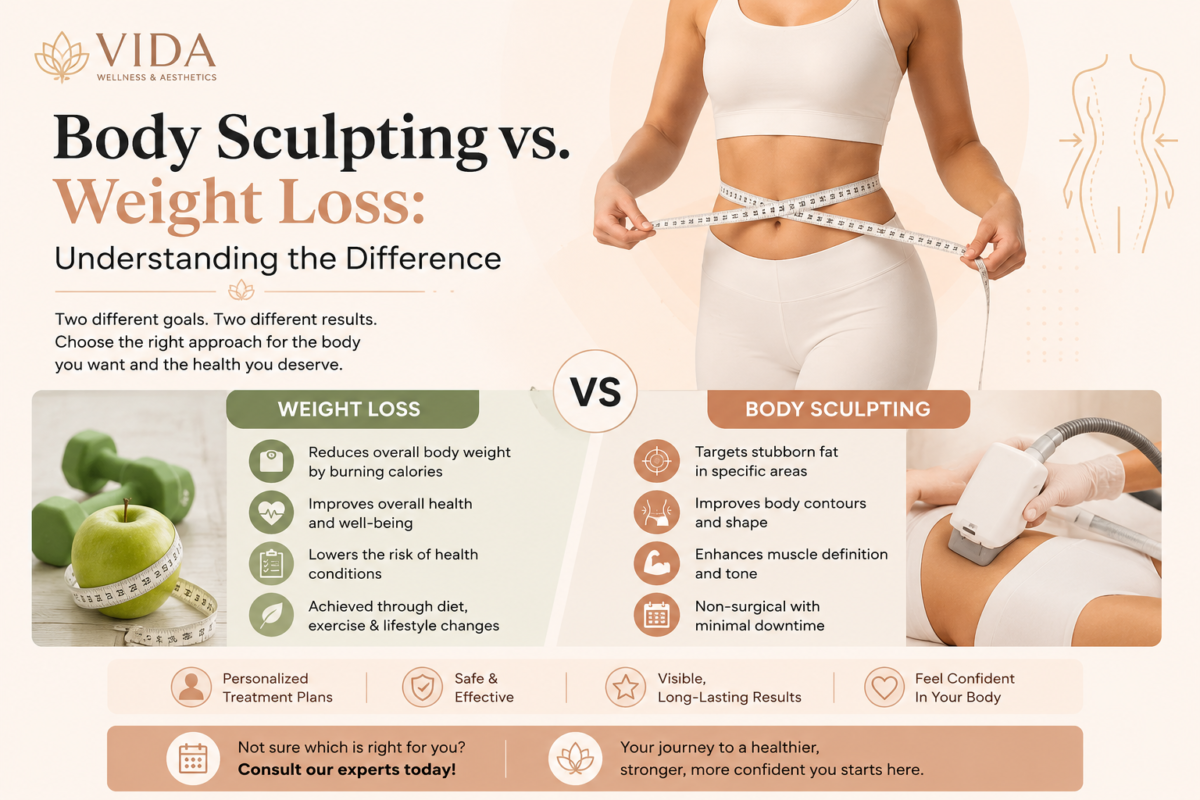 "Weight Loss vs Body Sculpting comparison chart showing benefits, treatment goals, and body contouring options at Vida Wellness Care"