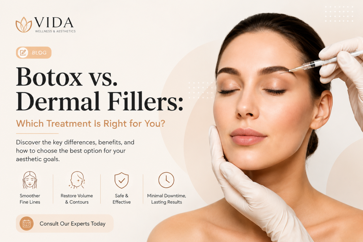 "Botox vs Dermal Fillers comparison infographic explaining differences, benefits, and aesthetic treatment options at Vida Wellness Care"